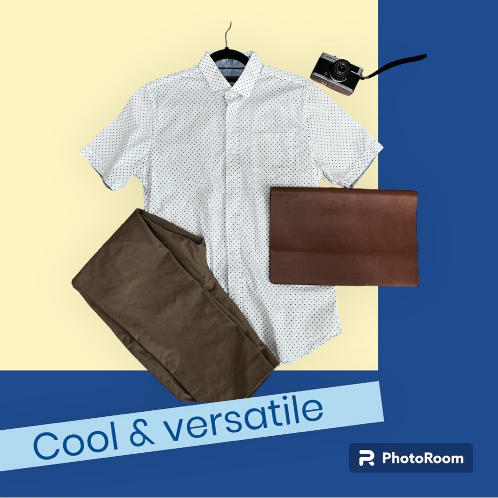 Crisp white shirt-sleeve dress shirt.